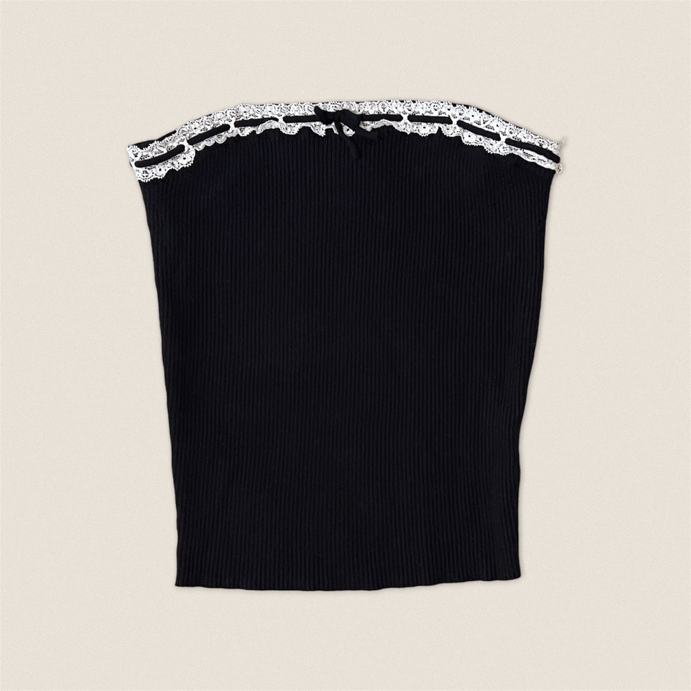 Coquette Lace‎ Trim Ribbon Bow Black White Tube Top Ribbed Emerson Lang - Small